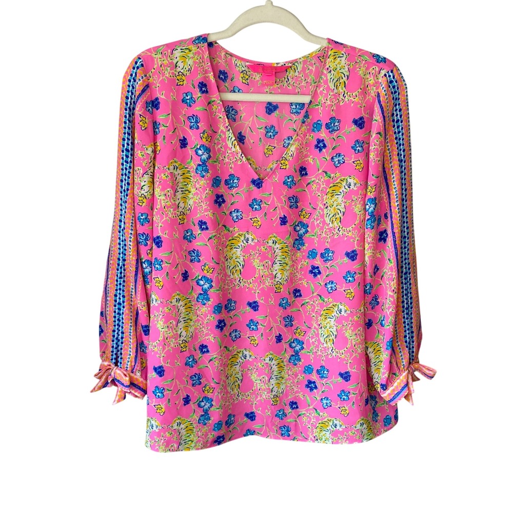 Lilly Pulitzer Pink Tiger Floral V-Neck Blouse Tie Cuff Long Sleeve Large